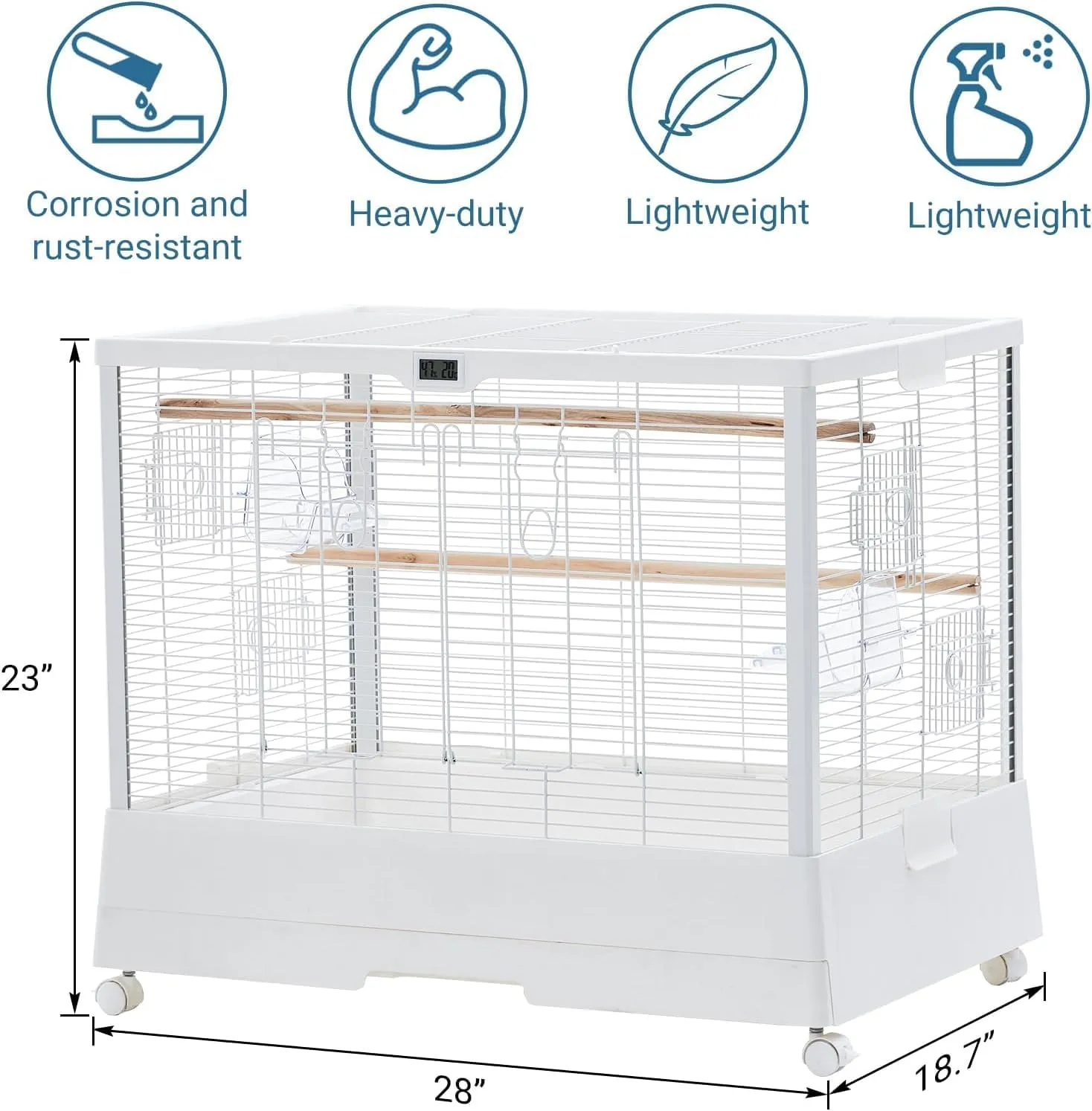 23 Inch Bird Cage, Tall Iron Bird Cage with Rolling Stand, Suitable for Conures, Lovebirds, Cockatiels, Finches, Large Parrots, Parakeets and Other Birds (White)