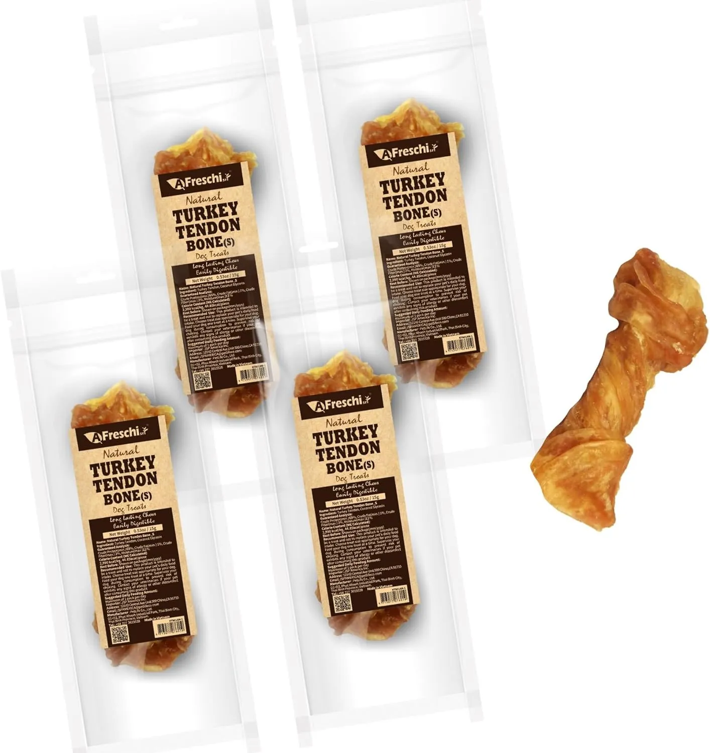 Afreschi Natural Turkey Tendon Bone (S) 40 Units/Box, Dog Treats for Signature Series, All Natural Human Grade Puppy Chew, Turkey Sourced from USA, Hypoallergenic, Rawhide Alternative