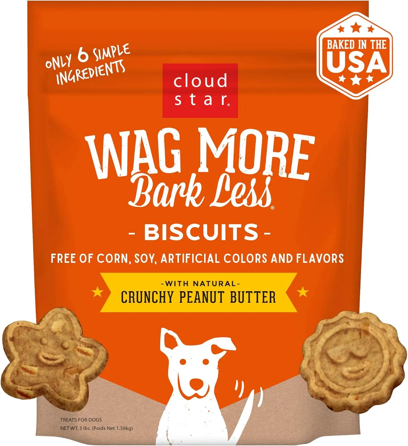 Cloud Star Wag More Bark Less Oats & Grains Crunchy Dog Treats, Peanut Butter, 3 lbs. Pouch
