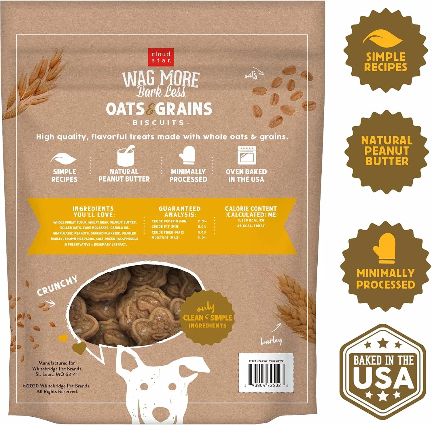 Cloud Star Wag More Bark Less Oats & Grains Crunchy Dog Treats, Peanut Butter, 3 lbs. Pouch