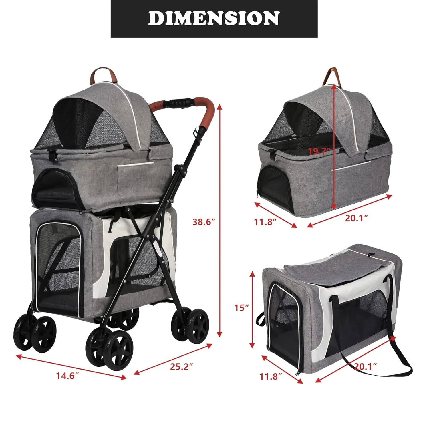 Detachable Double Dog Stroller for 2 Dogs/Cats, 3 in 1 Pet Stroller, Portable Waterproof Pet Jogging Carrier Cart with Four Wheels, Foldable Pet Cart for Travel
