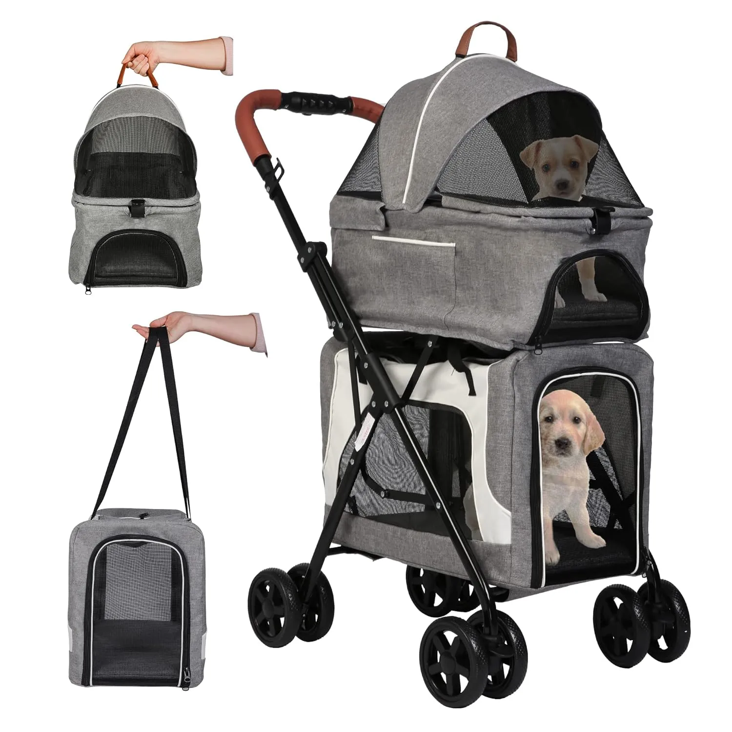 Detachable Double Dog Stroller for 2 Dogs/Cats, 3 in 1 Pet Stroller, Portable Waterproof Pet Jogging Carrier Cart with Four Wheels, Foldable Pet Cart for Travel
