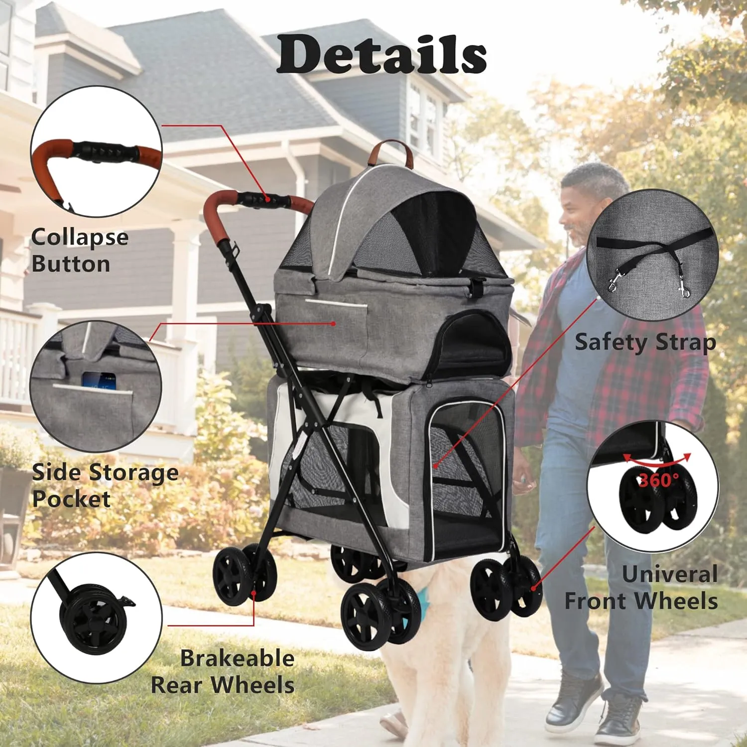 Detachable Double Dog Stroller for 2 Dogs/Cats, 3 in 1 Pet Stroller, Portable Waterproof Pet Jogging Carrier Cart with Four Wheels, Foldable Pet Cart for Travel
