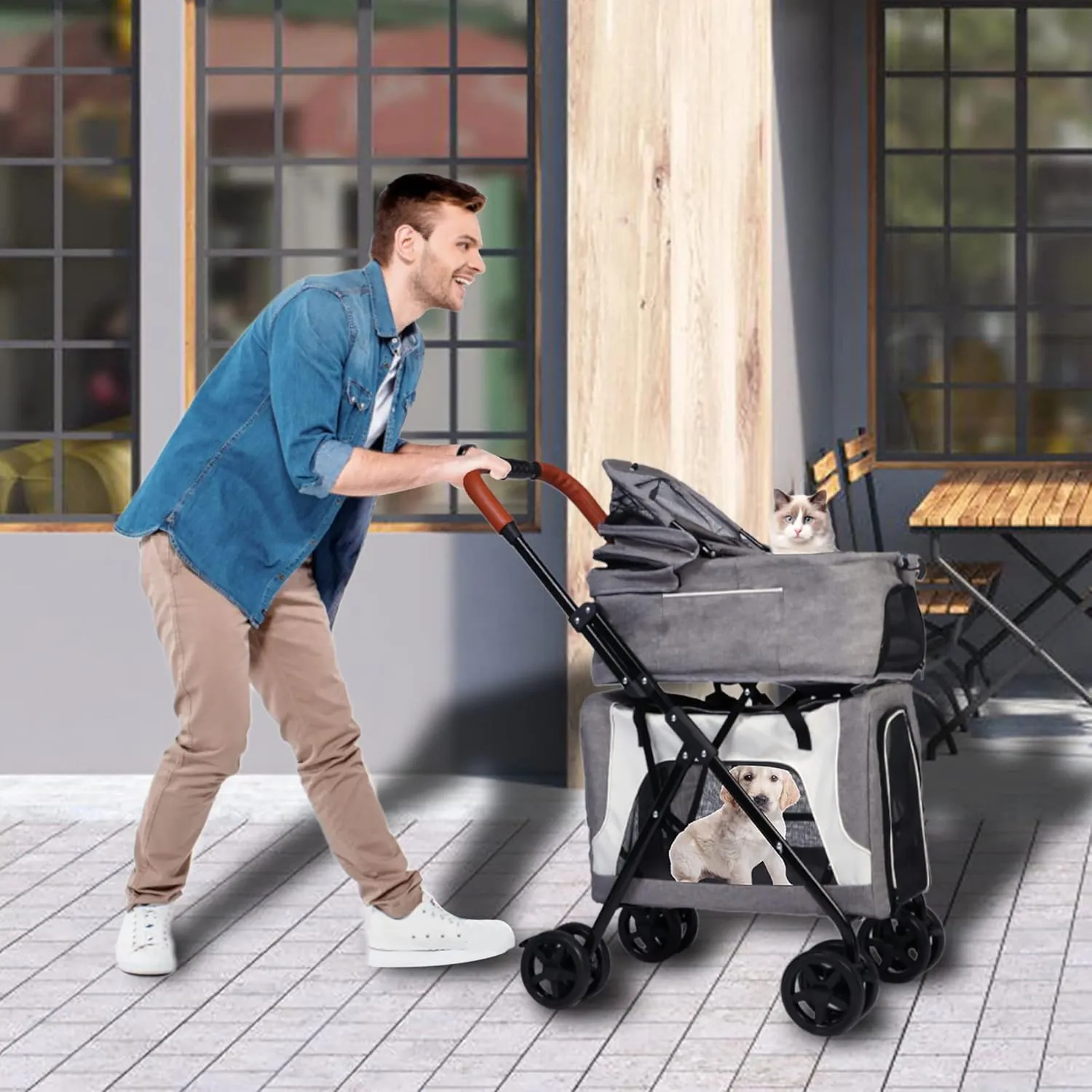 Detachable Double Dog Stroller for 2 Dogs/Cats, 3 in 1 Pet Stroller, Portable Waterproof Pet Jogging Carrier Cart with Four Wheels, Foldable Pet Cart for Travel