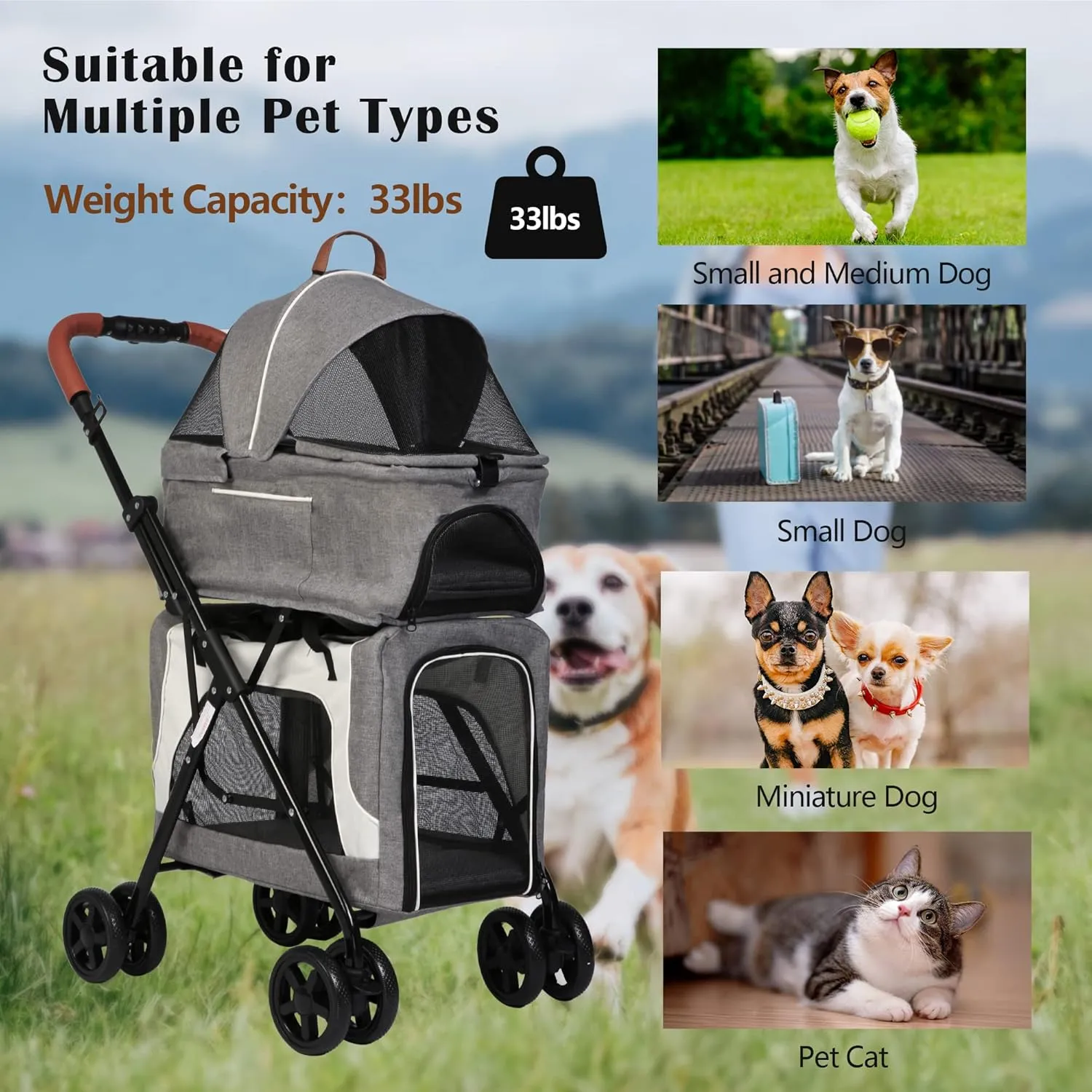 Detachable Double Dog Stroller for 2 Dogs/Cats, 3 in 1 Pet Stroller, Portable Waterproof Pet Jogging Carrier Cart with Four Wheels, Foldable Pet Cart for Travel