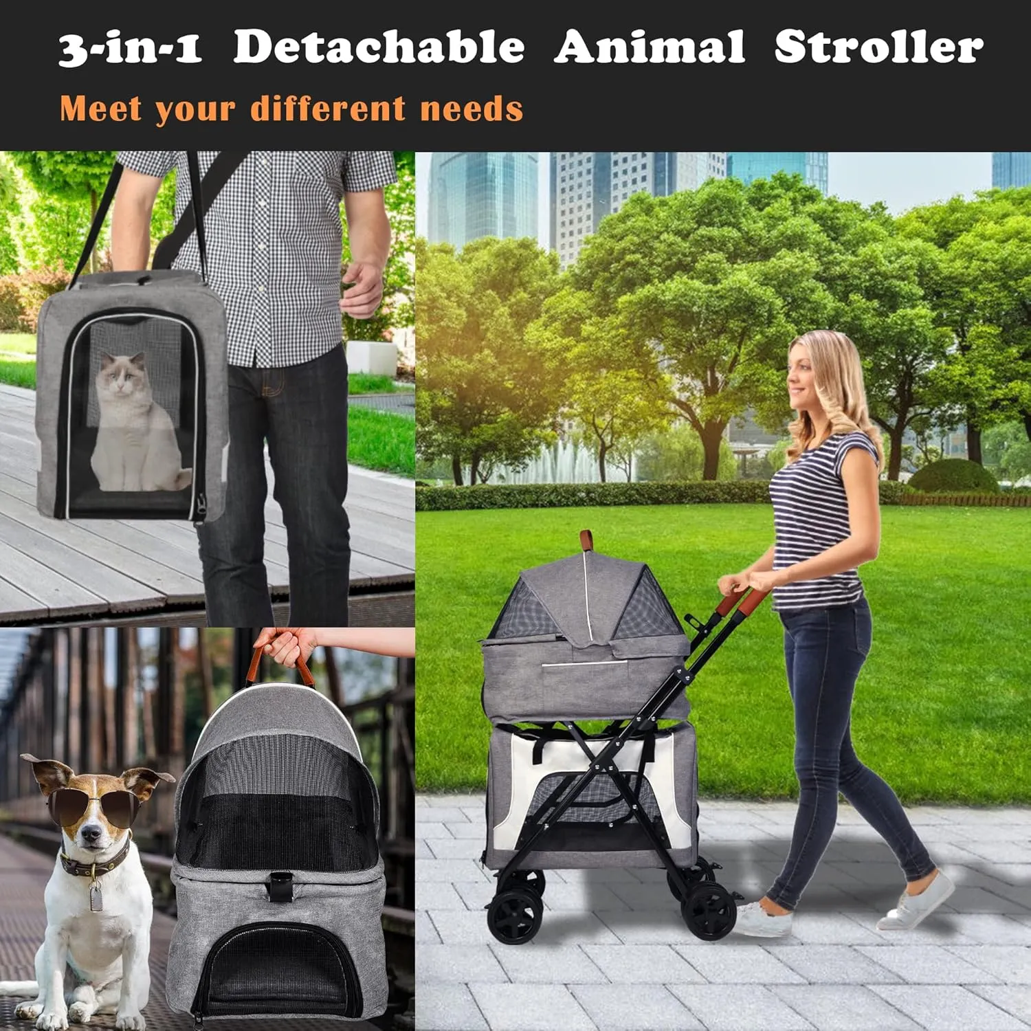 Detachable Double Dog Stroller for 2 Dogs/Cats, 3 in 1 Pet Stroller, Portable Waterproof Pet Jogging Carrier Cart with Four Wheels, Foldable Pet Cart for Travel