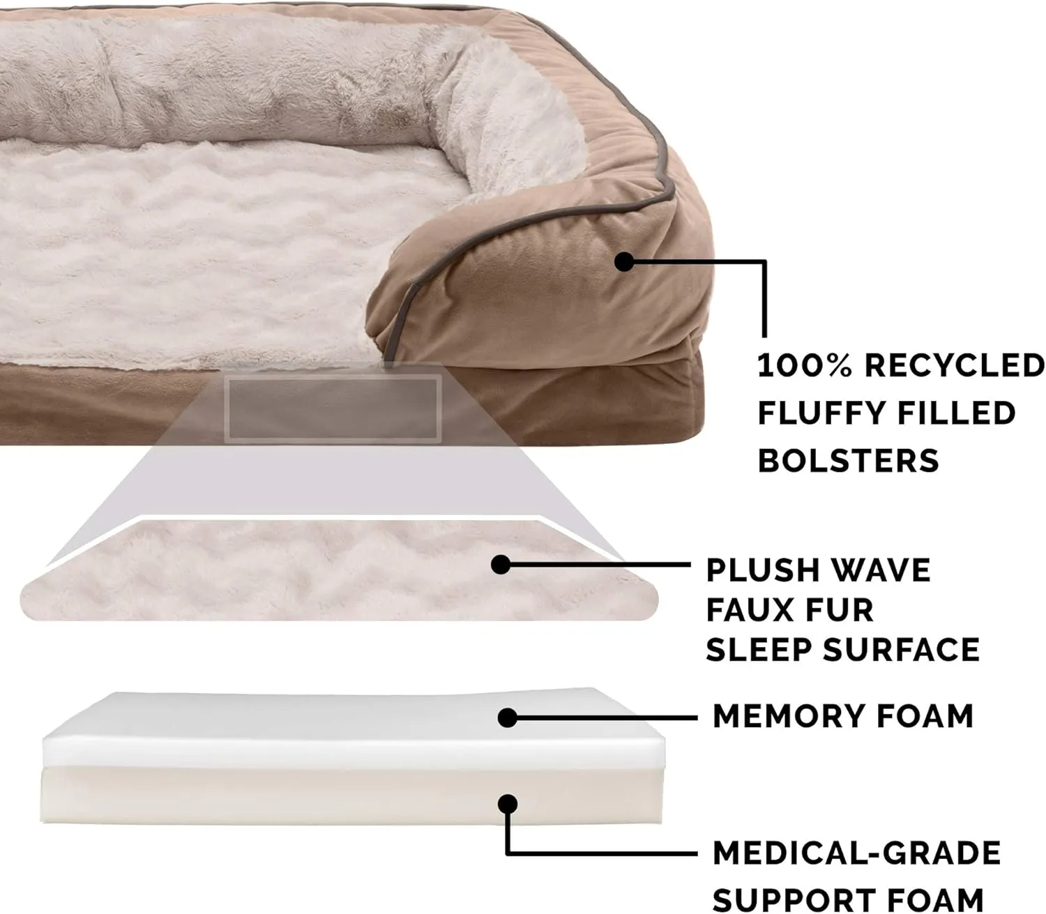 Furhaven Memory Foam Dog Bed for Large Dogs w/ Removable Bolsters & Washable Cover, For Dogs Up to 95 lbs - Plush & Velvet Waves Perfect Comfort Sofa - Brownstone, Jumbo/XL