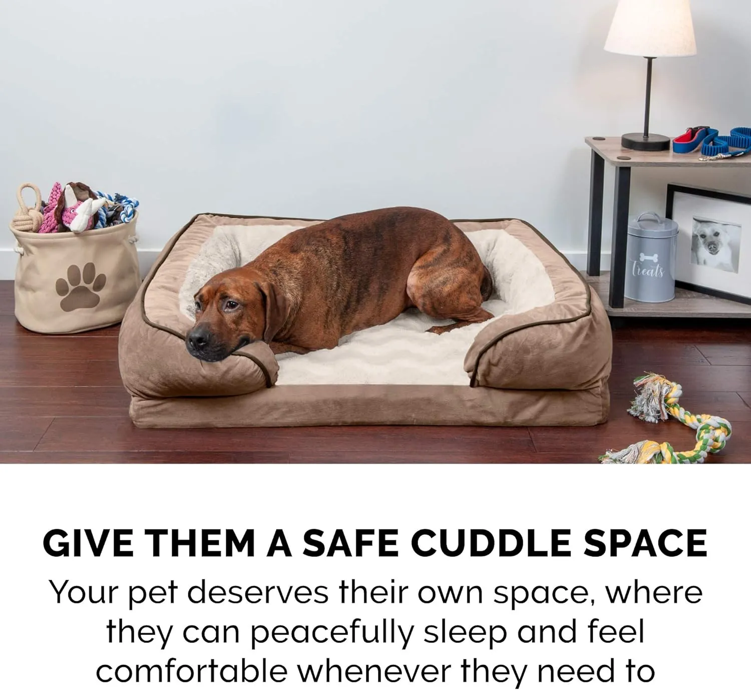 Furhaven Memory Foam Dog Bed for Large Dogs w/ Removable Bolsters & Washable Cover, For Dogs Up to 95 lbs - Plush & Velvet Waves Perfect Comfort Sofa - Brownstone, Jumbo/XL