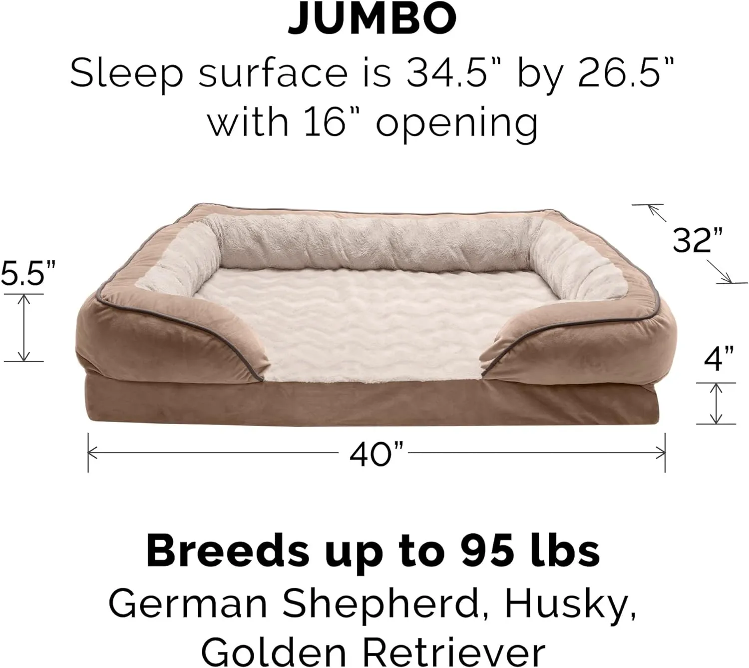 Furhaven Memory Foam Dog Bed for Large Dogs w/ Removable Bolsters & Washable Cover, For Dogs Up to 95 lbs - Plush & Velvet Waves Perfect Comfort Sofa - Brownstone, Jumbo/XL