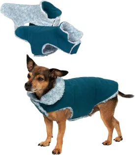 Furhaven Reversible XS Dog Coat, Washable & Insulating w/ Leash Access - Two-Tone Faux Fur & Quilted Fleece Flex-Fit Jacket - Marine Blue, Extra Small