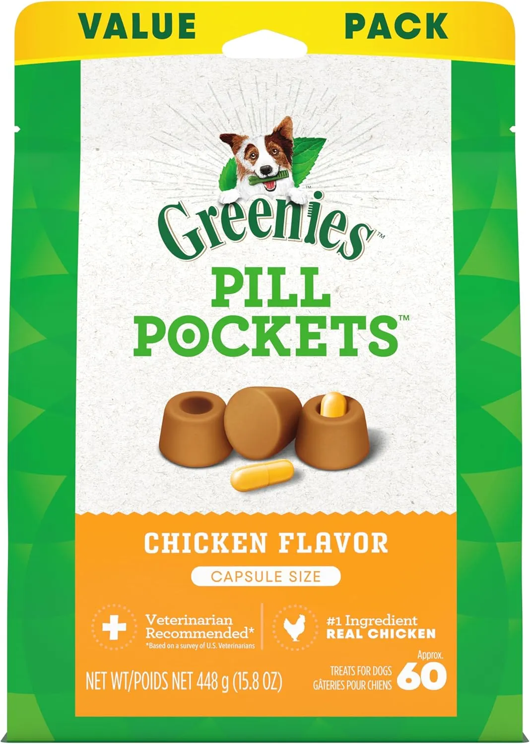 Greenies Pill Pockets Large Size Soft Dog Treats for Capsules, Chicken Flavor, Made with Natural Ingredients Plus Minerals & Trace Nutrients, 15.8 oz. (60 Count, Pack of 1)