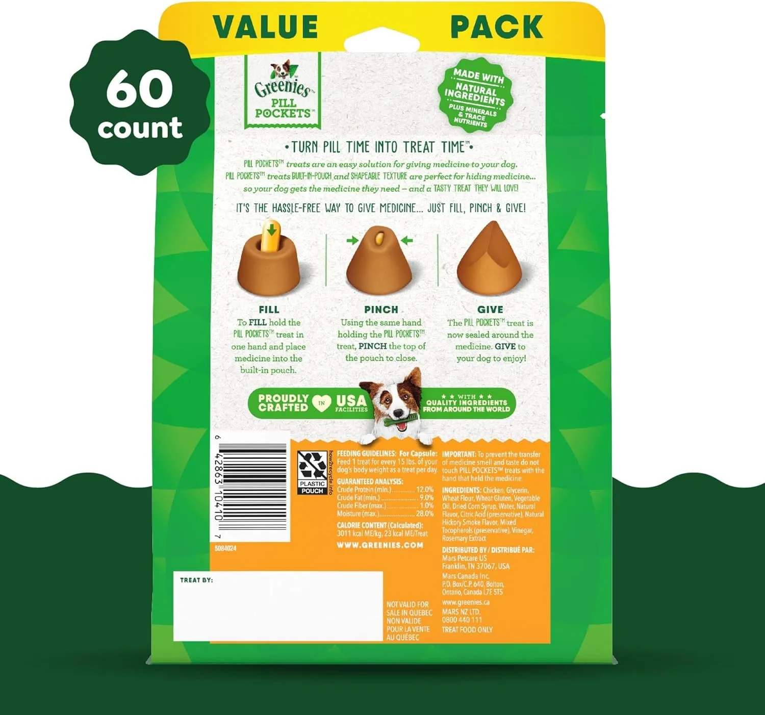 Greenies Pill Pockets Large Size Soft Dog Treats for Capsules, Chicken Flavor, Made with Natural Ingredients Plus Minerals & Trace Nutrients, 15.8 oz. (60 Count, Pack of 1)