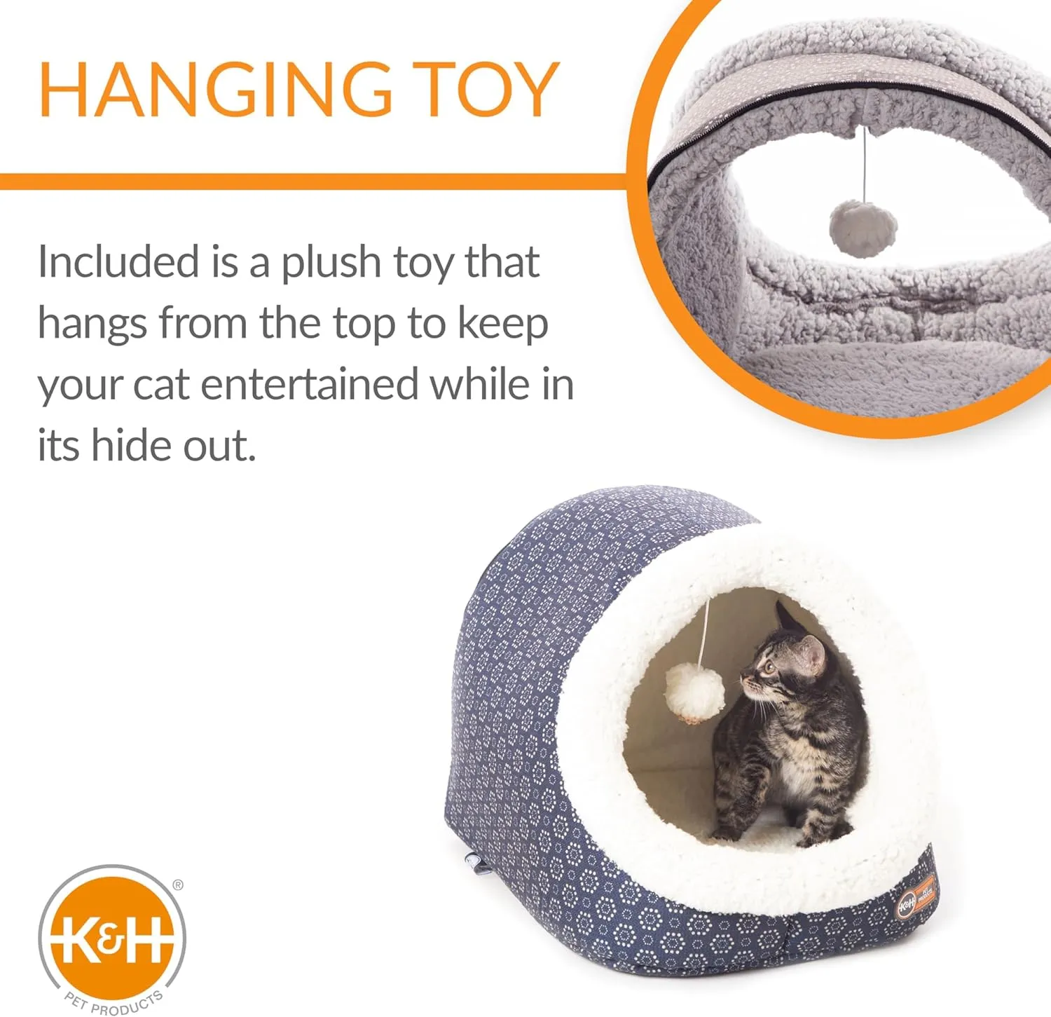 K&H Pet Products Thermo-Pet Cave Cat Bed Heated Navy/Geo Flower 17 X 15 X 13 Inches