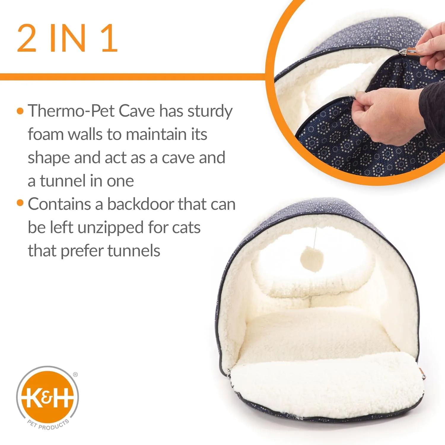 K&H Pet Products Thermo-Pet Cave Cat Bed Heated Navy/Geo Flower 17 X 15 X 13 Inches