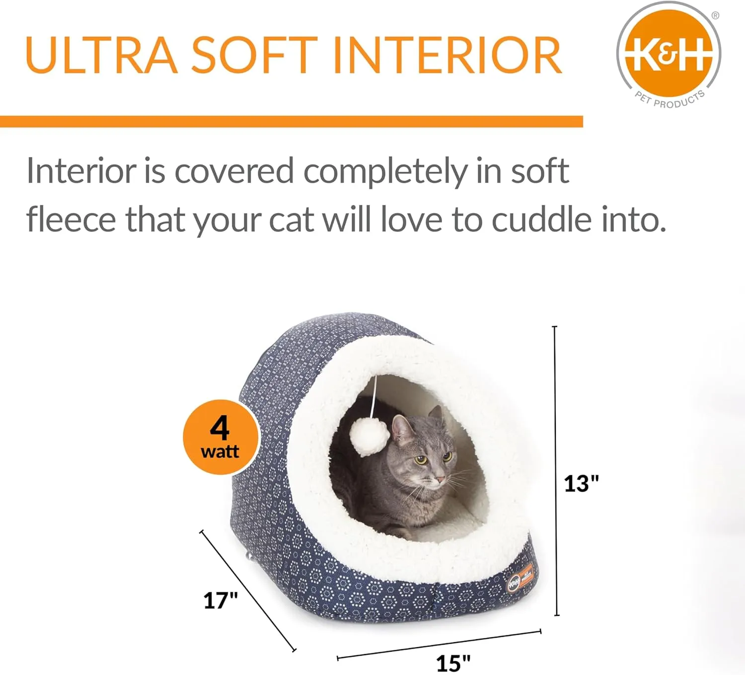K&H Pet Products Thermo-Pet Cave Cat Bed Heated Navy/Geo Flower 17 X 15 X 13 Inches