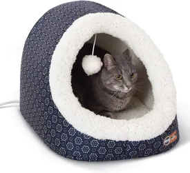 K&H Pet Products Thermo-Pet Cave Cat Bed Heated Navy/Geo Flower 17 X 15 X 13 Inches