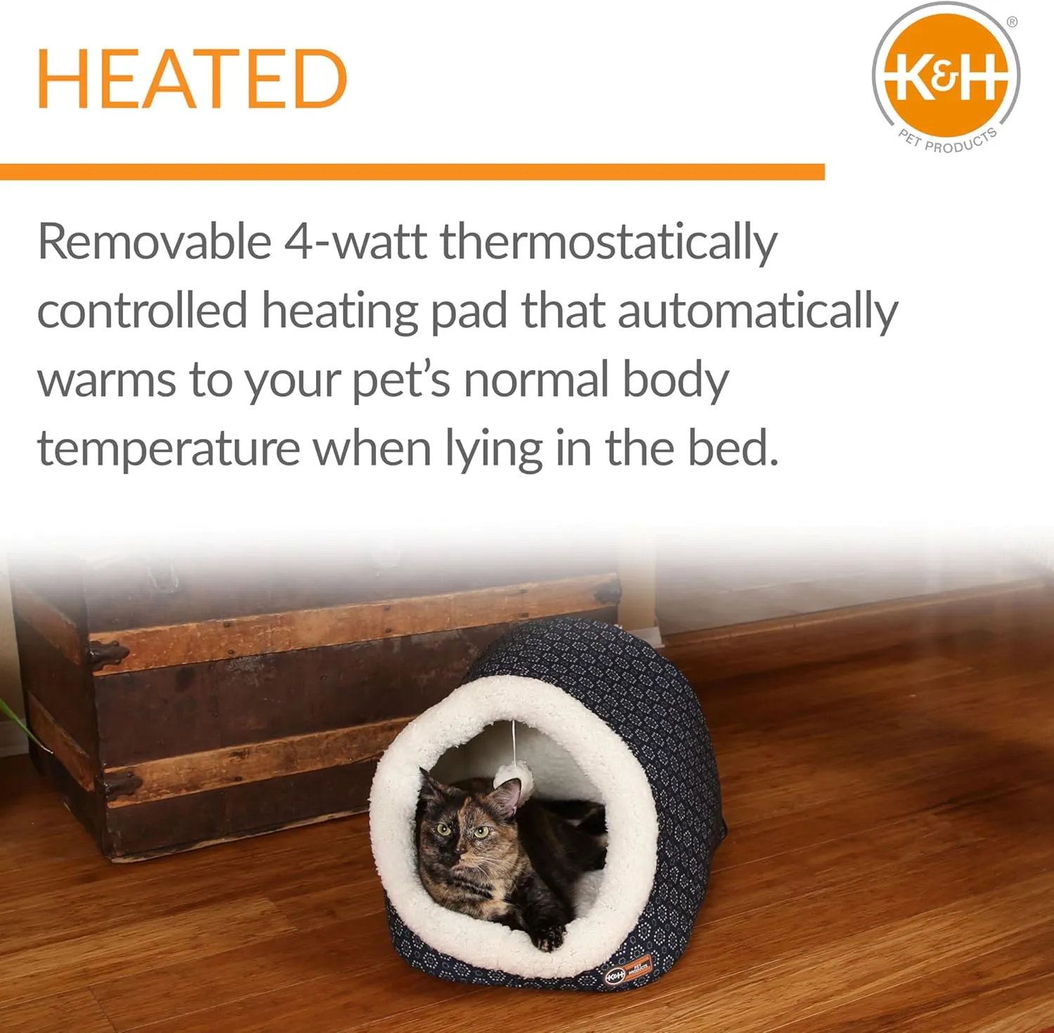 K&H Pet Products Thermo-Pet Cave Cat Bed Heated Navy/Geo Flower 17 X 15 X 13 Inches