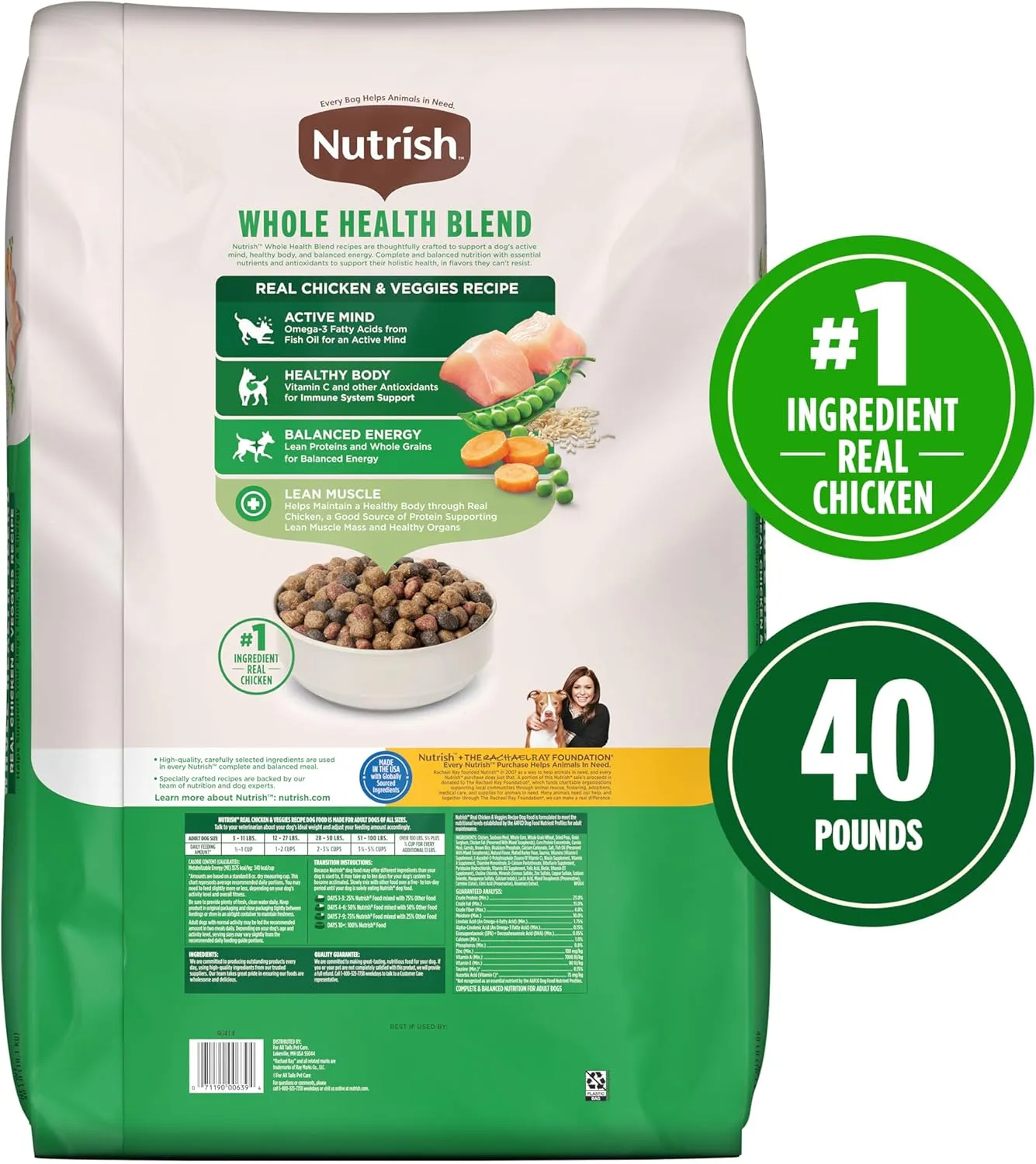 Nutrish Real Chicken & Veggies Recipe Whole Health Blend Dry Dog Food, 40 lb. Bag, Packaging May Vary (Rachael Ray)