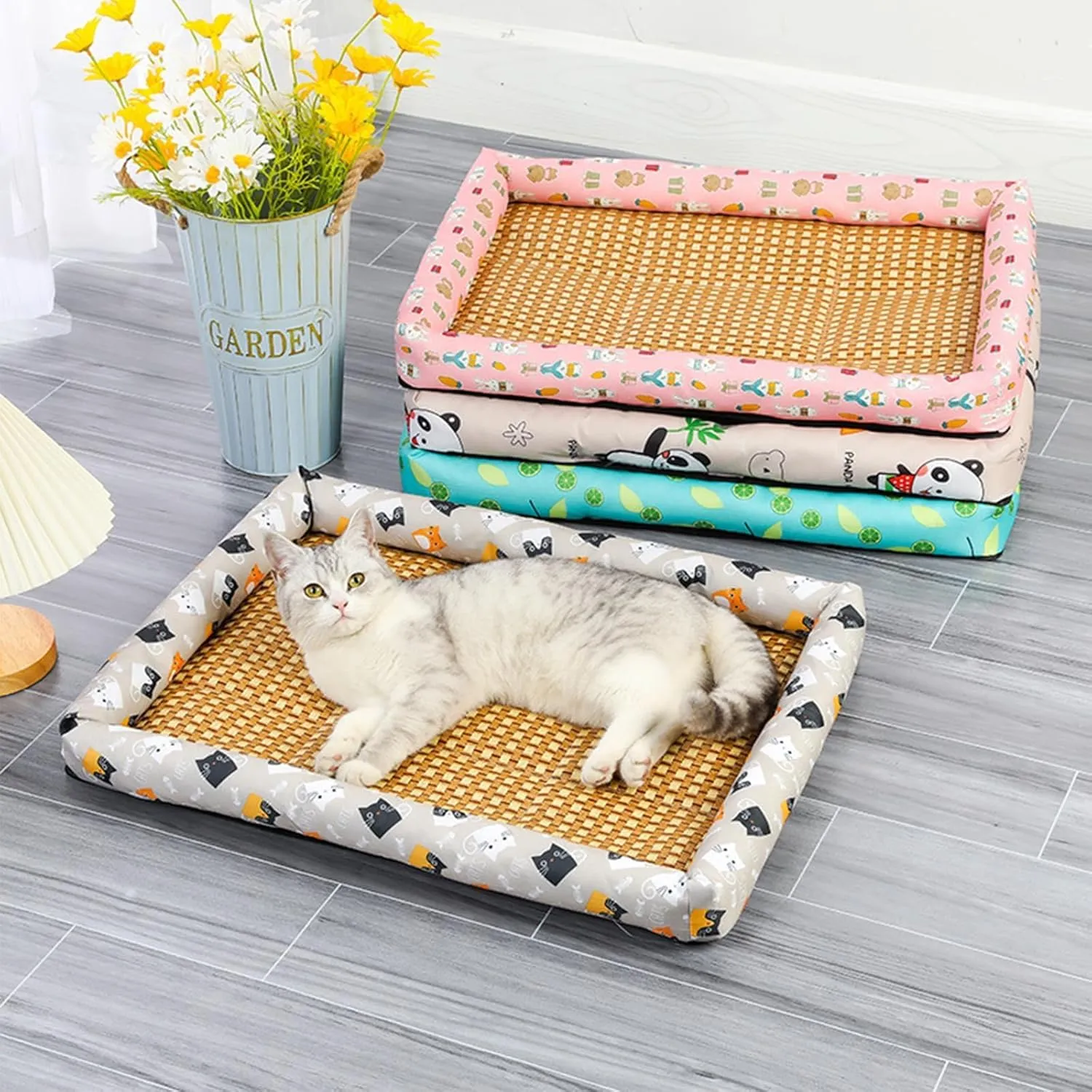 Pet Ice Pad Mat, Washable Natural Rattan Pet Cooling Mat Bed For Dogs Cats, Pets Ice Pad Rattan Mat Nest, Summer Pet Woven Breathable Square Mat Sleeping Pad With Pillow For Dogs Cats (Blue,16*12in)