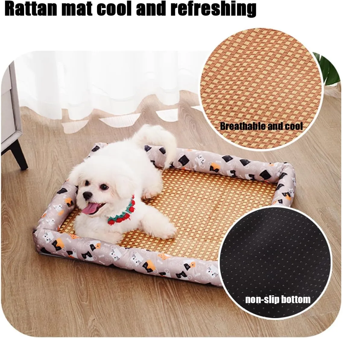 Pet Ice Pad Mat, Washable Natural Rattan Pet Cooling Mat Bed For Dogs Cats, Pets Ice Pad Rattan Mat Nest, Summer Pet Woven Breathable Square Mat Sleeping Pad With Pillow For Dogs Cats (Blue,16*12in)