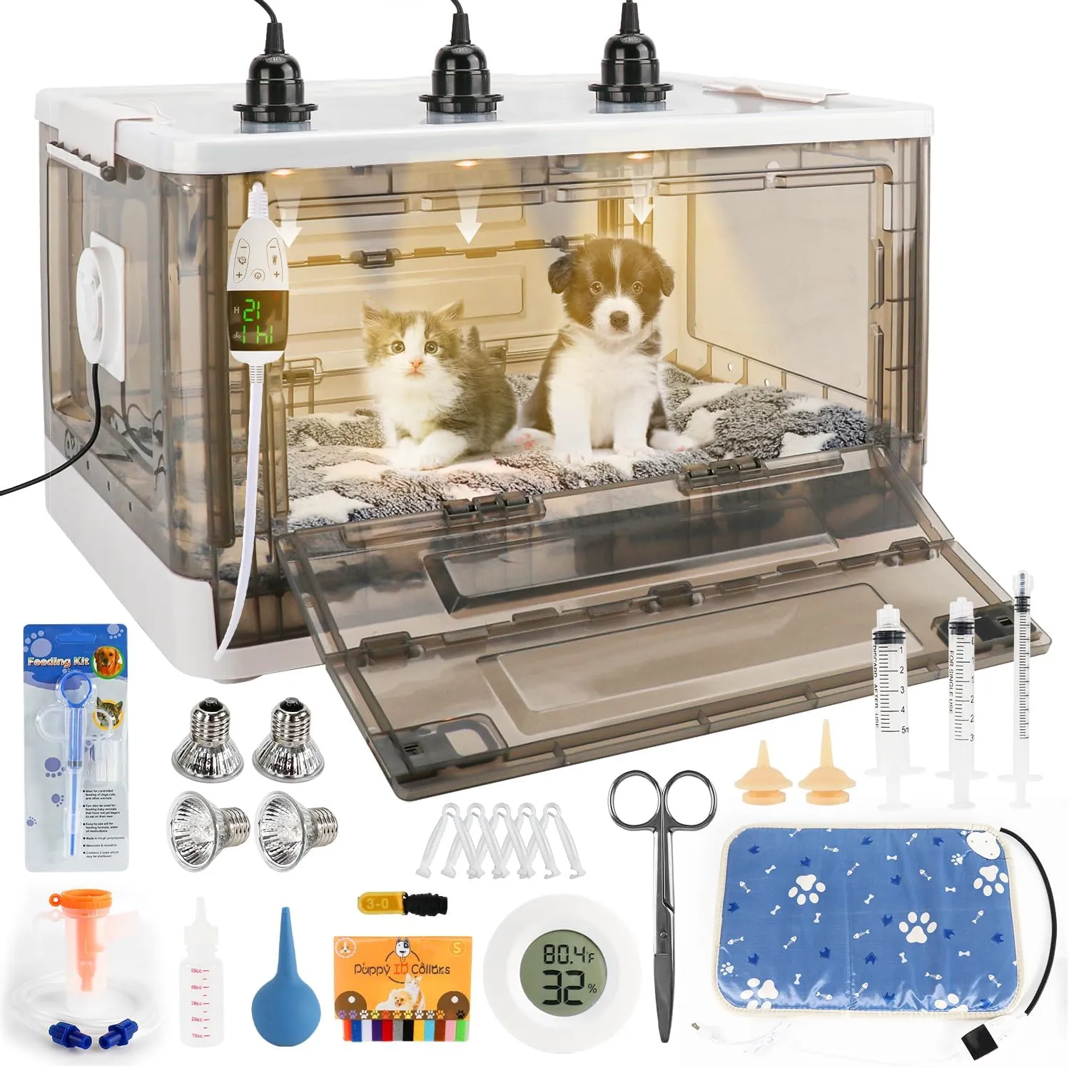 Puppy Incubator with Heating - Incubator for Puppies,Incubators for Newborn Puppies and Kittens,Small Mammal 3Heat Lamp (85L)