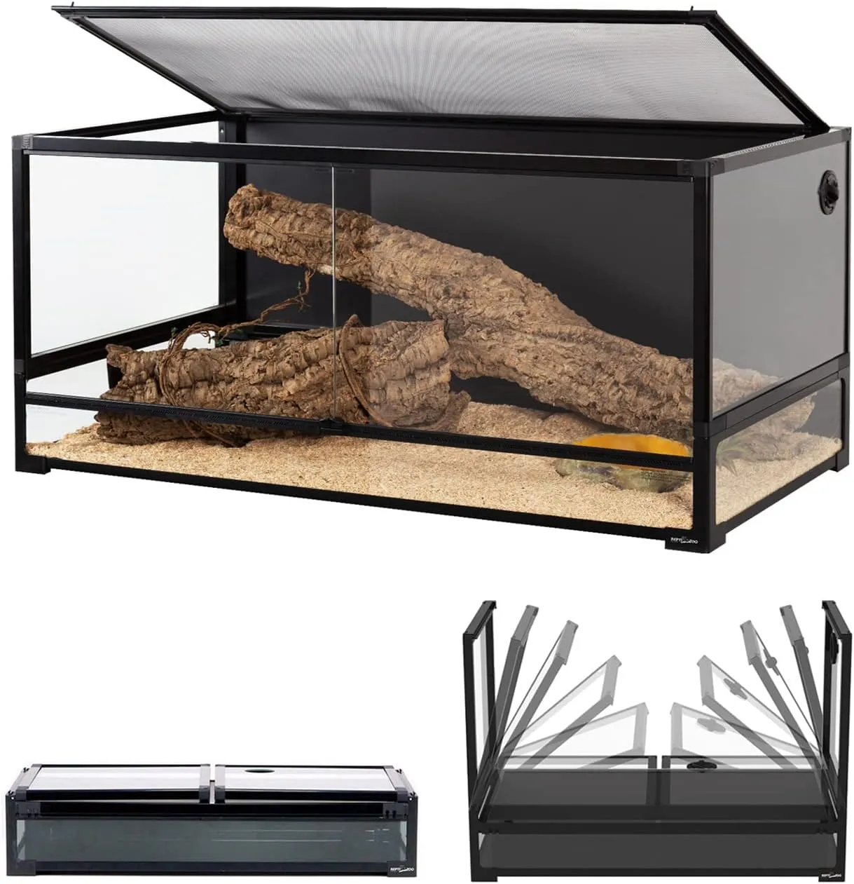 REPTI ZOO Collapsible 120 Gallon Reptile Tank, Tempered Glass Large Reptile Terrarium 48"x24"x24", Black PVC Back, Front & Top Ventilation & Anti Escape Lid, Easy Folding