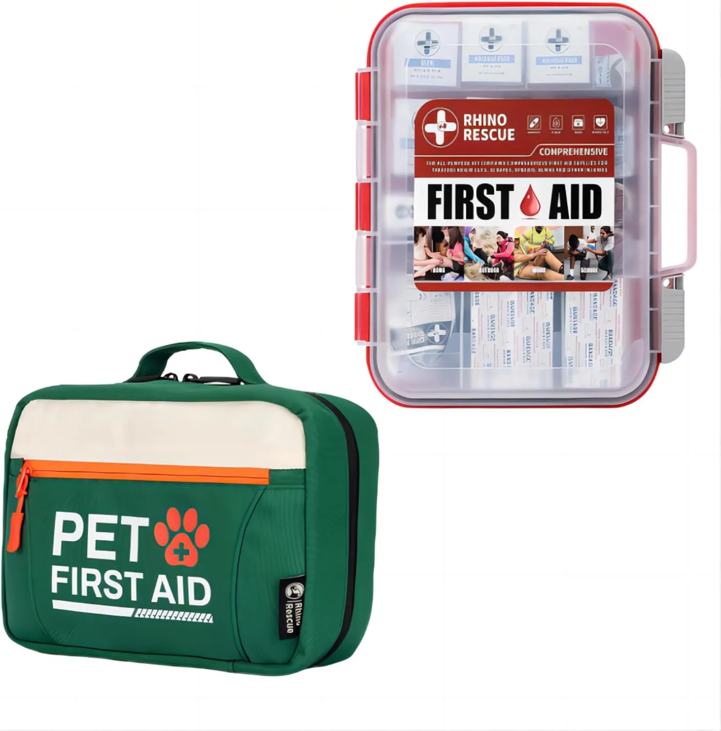 RHINO RESCUE Bundle - Pet First Aid Kit, Emergency Medical Supplies for Dogs & Cats, Safety Essentials Pack with Thermometer 350 Pieces OSHA All-Purpose First Aid Kit, Home & Office