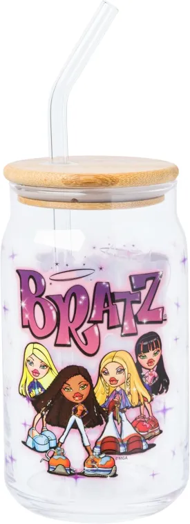 Silver Buffalo Bratz Featuring Yasmin, Cloe, Sasha, and Jade Glass Jar Tumbler with Bamboo Lid and Glass Straw, 16 Ounces