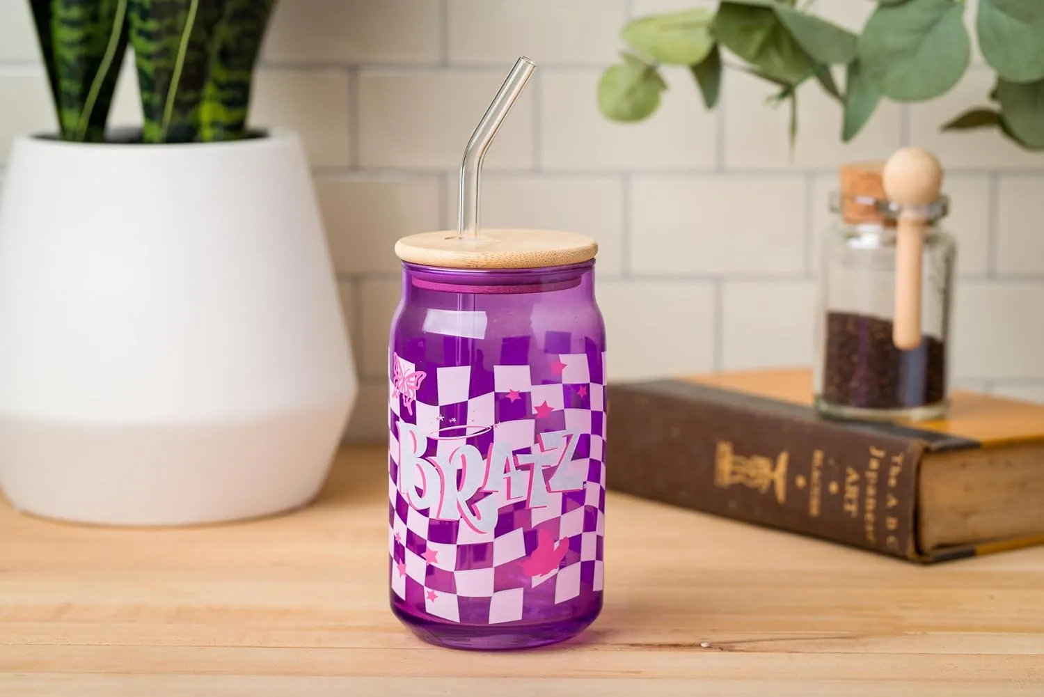 Silver Buffalo Bratz Logo Retro Groovy Purple Checkered Glass Jar Tumbler with Bamboo Lid and Glass Straw, 16 Ounces