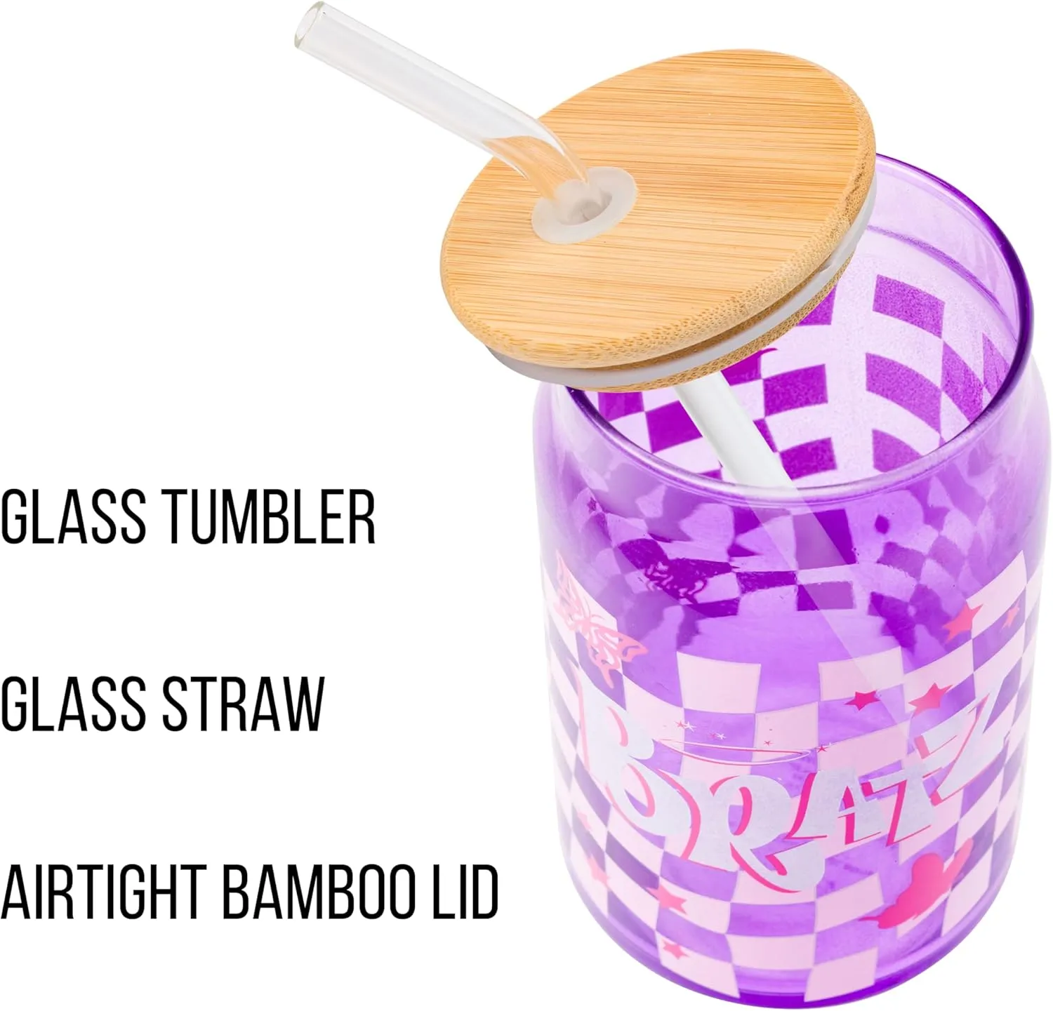 Silver Buffalo Bratz Logo Retro Groovy Purple Checkered Glass Jar Tumbler with Bamboo Lid and Glass Straw, 16 Ounces