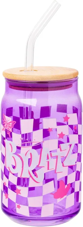 Silver Buffalo Bratz Logo Retro Groovy Purple Checkered Glass Jar Tumbler with Bamboo Lid and Glass Straw, 16 Ounces