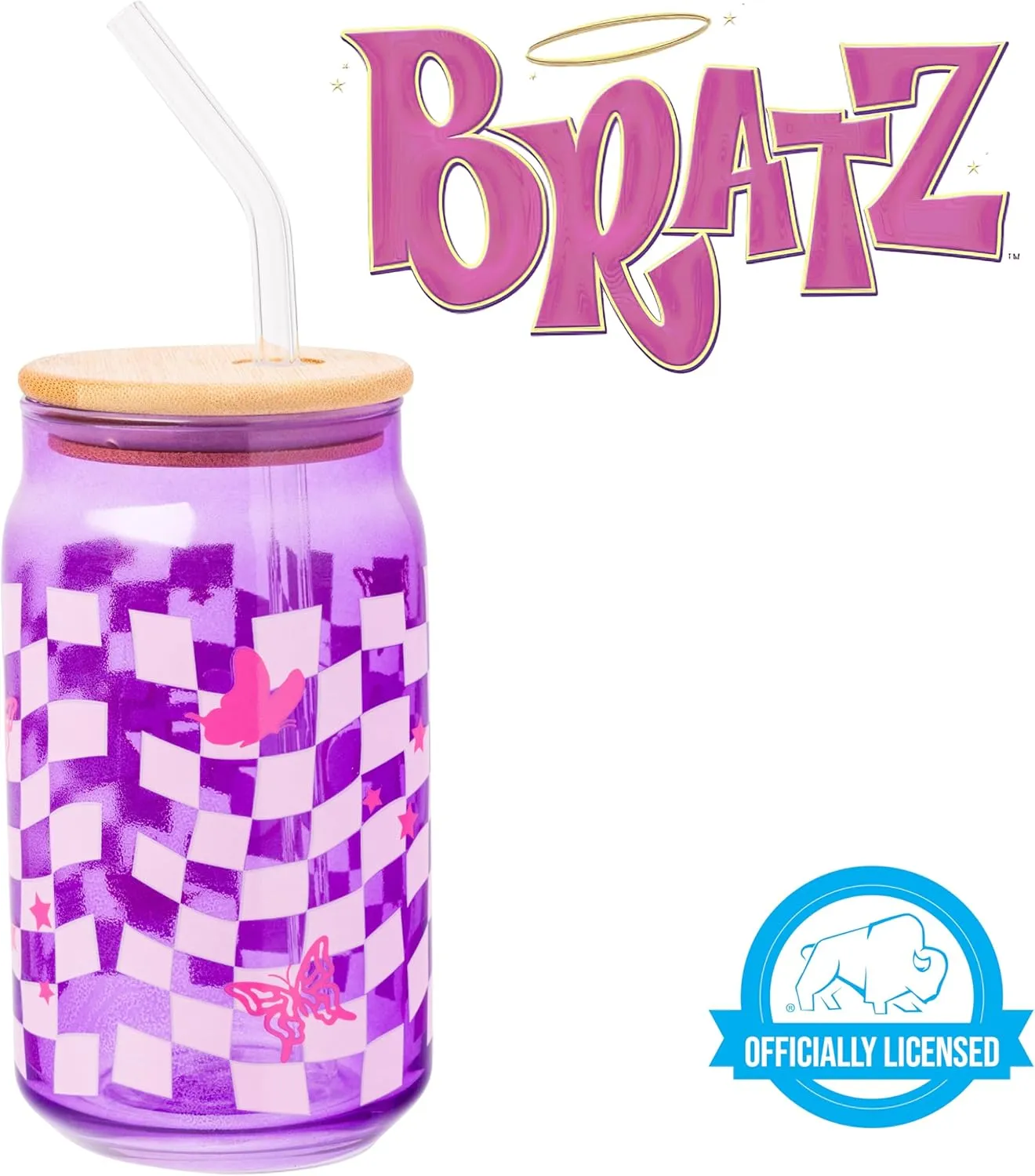 Silver Buffalo Bratz Logo Retro Groovy Purple Checkered Glass Jar Tumbler with Bamboo Lid and Glass Straw, 16 Ounces