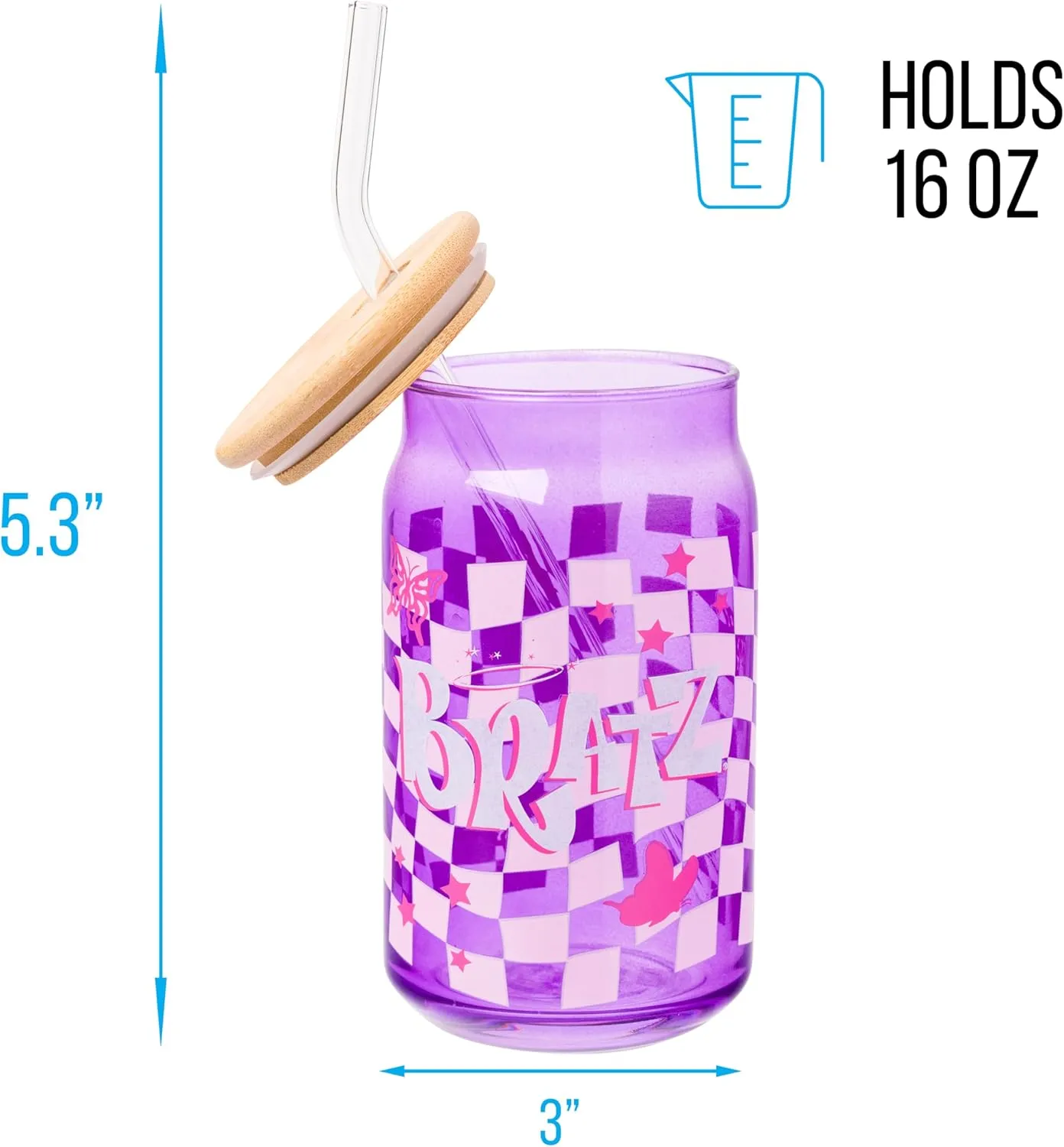 Silver Buffalo Bratz Logo Retro Groovy Purple Checkered Glass Jar Tumbler with Bamboo Lid and Glass Straw, 16 Ounces
