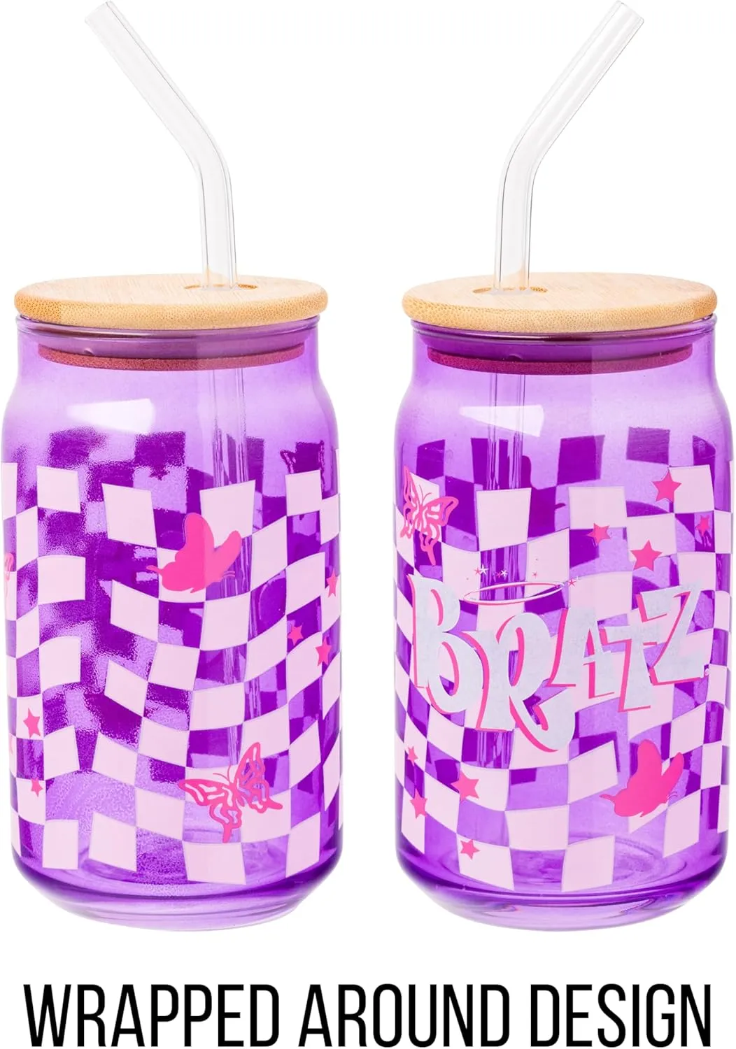 Silver Buffalo Bratz Logo Retro Groovy Purple Checkered Glass Jar Tumbler with Bamboo Lid and Glass Straw, 16 Ounces