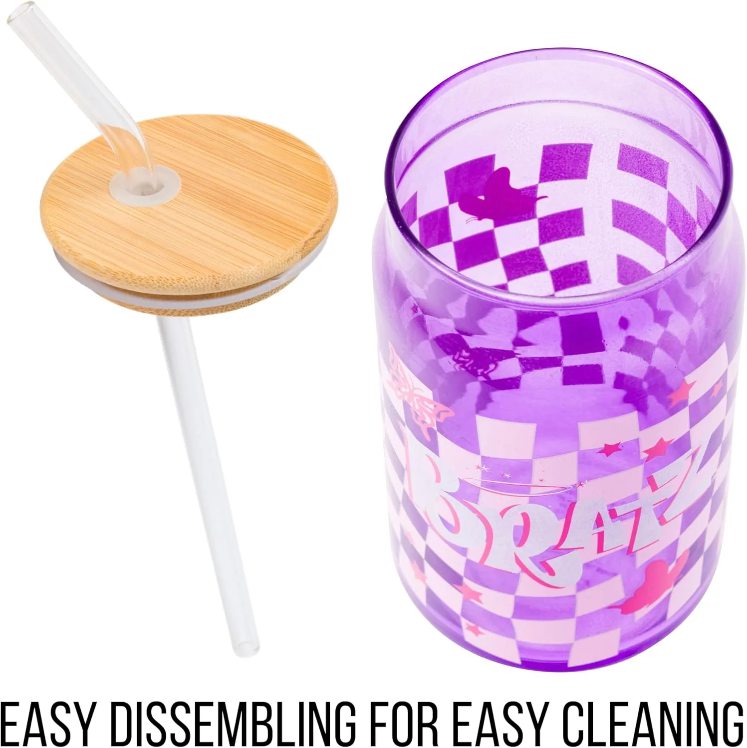 Silver Buffalo Bratz Logo Retro Groovy Purple Checkered Glass Jar Tumbler with Bamboo Lid and Glass Straw, 16 Ounces