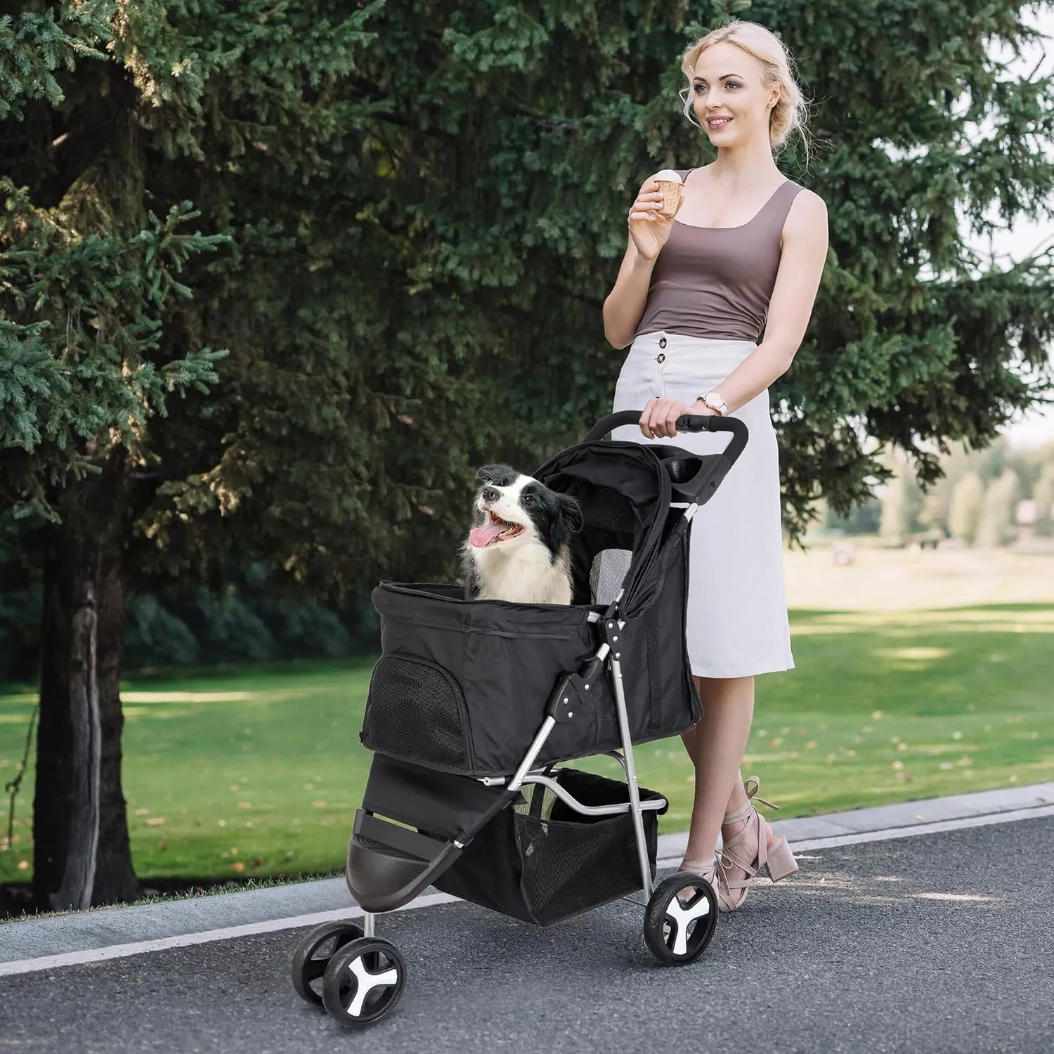 ZENY Foldable Pet Stroller, Cat/Dog Stroller with 3 Wheel, Pet Strolling Cart, Dog Travel Carrier with Storage Basket   Cup Holder, Black