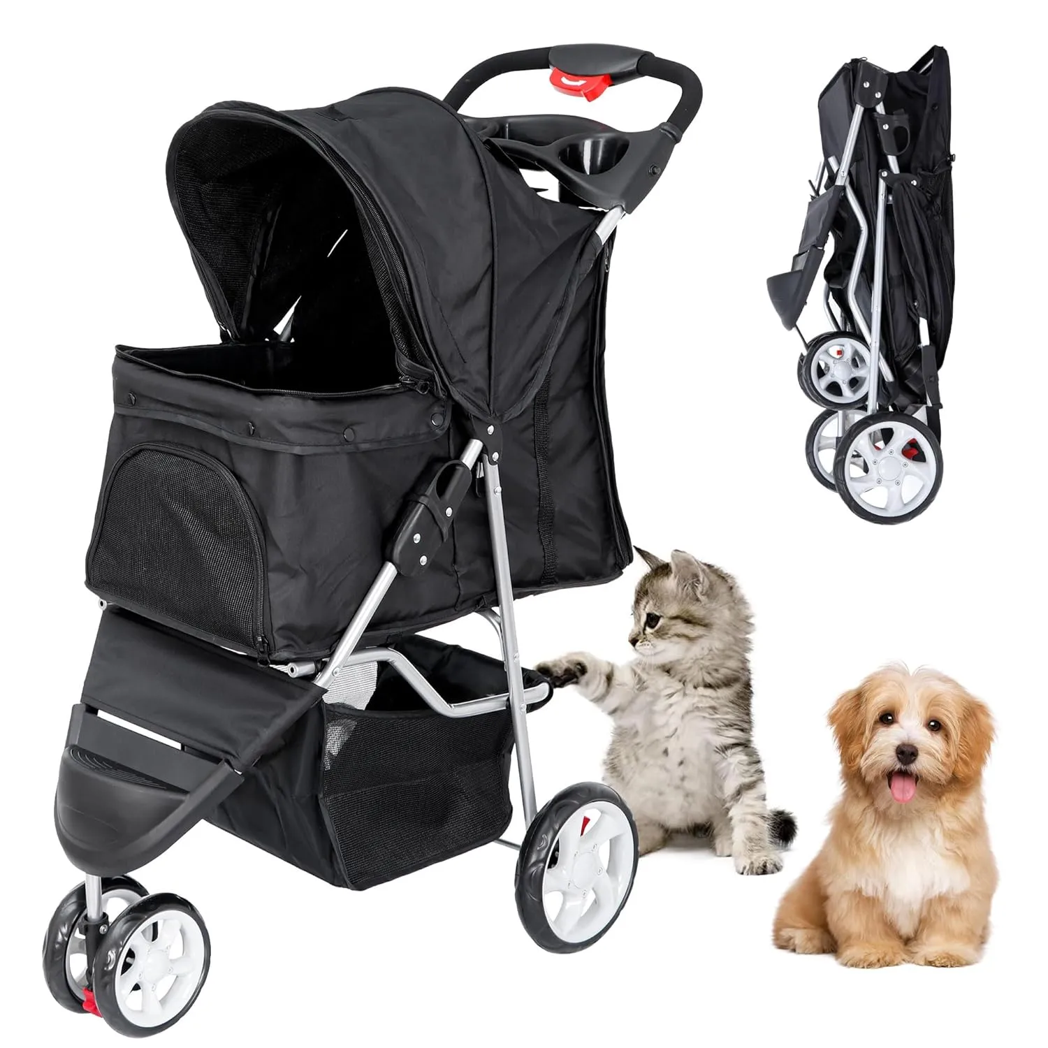 ZENY Foldable Pet Stroller, Cat/Dog Stroller with 3 Wheel, Pet Strolling Cart, Dog Travel Carrier with Storage Basket   Cup Holder, Black