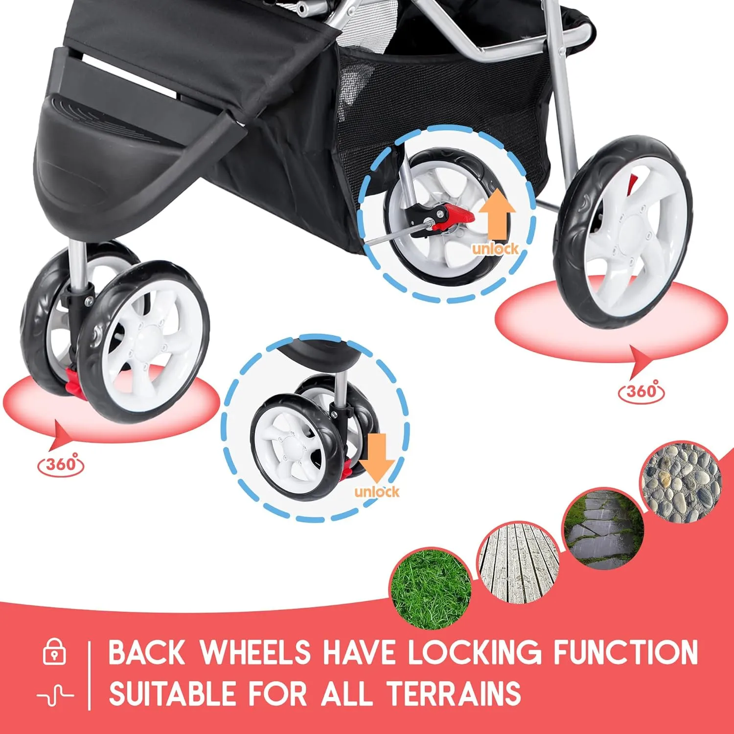 ZENY Foldable Pet Stroller, Cat/Dog Stroller with 3 Wheel, Pet Strolling Cart, Dog Travel Carrier with Storage Basket   Cup Holder, Black